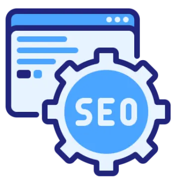 a blue and white icon with the word seo on it