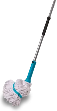 a white mop with a blue handle