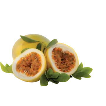 two halves of passion fruit on a white background
