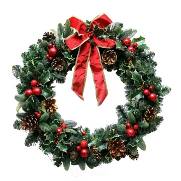 a christmas wreath with red berries and pine cones
