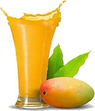 a glass of mango juice next to a mango