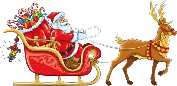 a santa claus riding in a sler with his reindeer