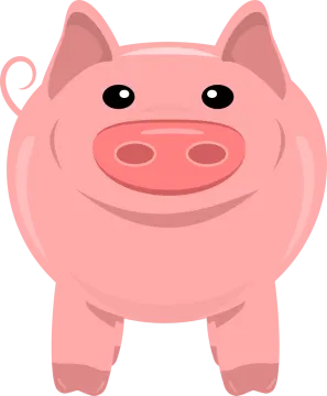 a pink pig with black eyes