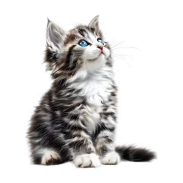 a kitten with blue eyes sitting on the floor