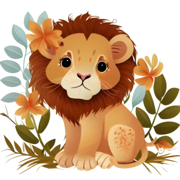a lion sitting in the grass with flowers
