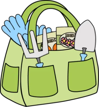 a green bag filled with gardening tools