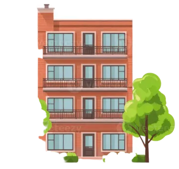 an apartment building with trees and bushes