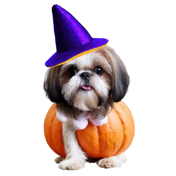 a small dog wearing a purple witch hat
