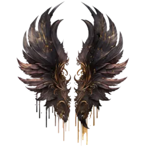 a pair of wings with gold and black paint