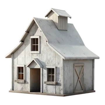 a white wooden house with a gray roof