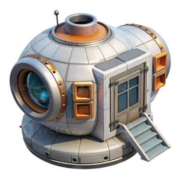 a silver and gold space station with a white background