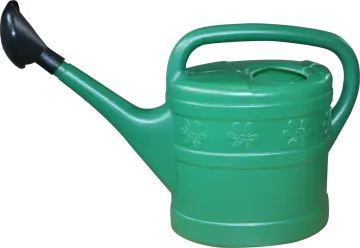 a green watering pot with a black handle