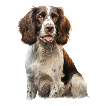 a brown and white dog sitting on a white background