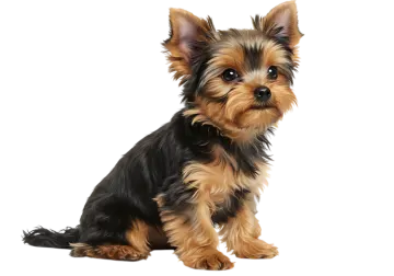 a small black and brown dog sitting on a white background
