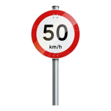 a red and white road sign with the number 50 km