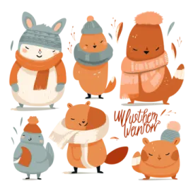 a set of cute animals in winter clothes