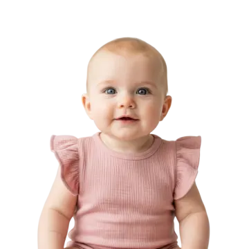 a baby sitting on the floor wearing a pink dress