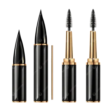 a set of black and gold mascaras on a white background