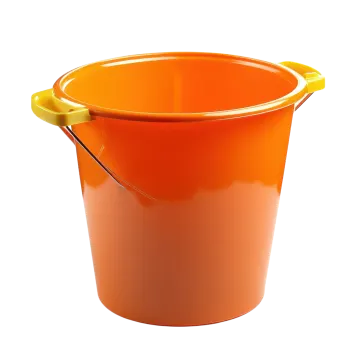 an orange bucket with a yellow handle