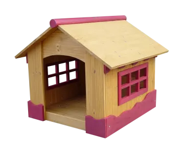 a wooden dog house on a white background