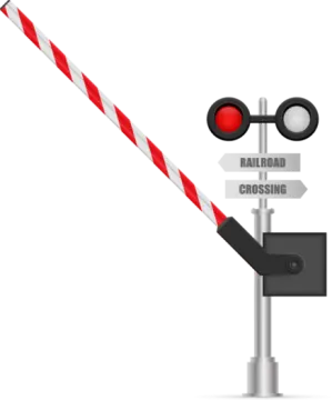 a red and white traffic light with a railroad crossing sign