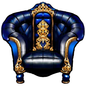 a blue chair with gold accents on it