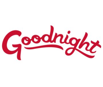 a red and white logo with the word goodnight