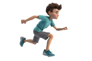 a young boy is running on a white background