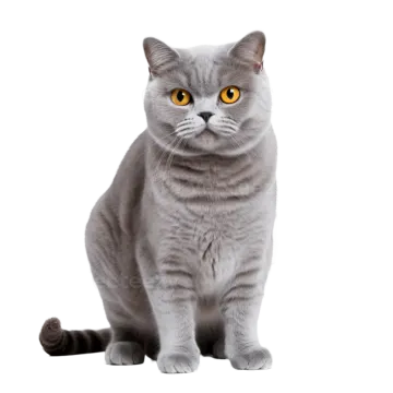 a grey cat with yellow eyes sitting down