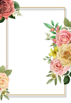a square frame with pink roses and green leaves