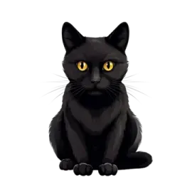 a black cat with yellow eyes sitting down