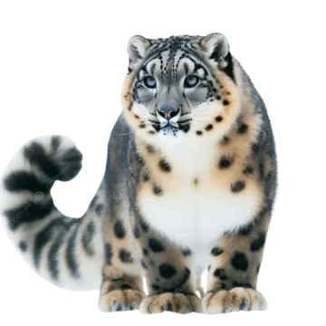 a snow leopard cub sitting on a white background