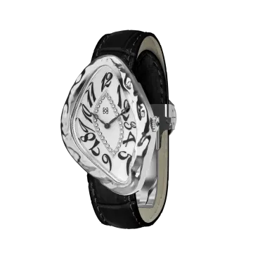 a watch with black leather straps and white dial