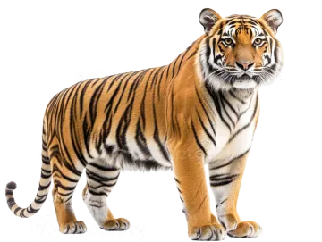 a tiger standing in front of a white background