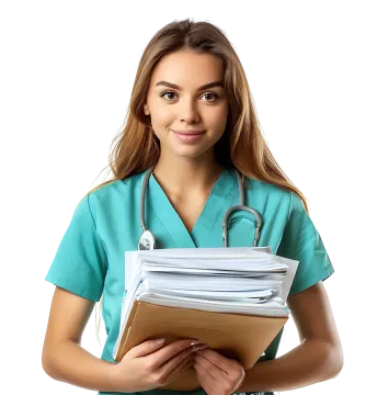 a woman in a green scrub suit holding a folder
