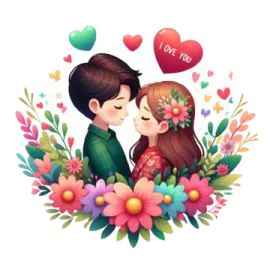 a couple kissing with flowers and hearts in the background