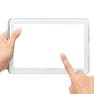 two hands holding an ipad with a white screen