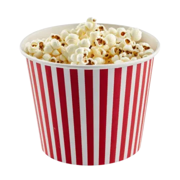 a red and white striped cup filled with popcorn