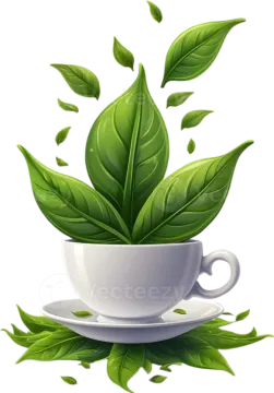 a cup of tea with green leaves