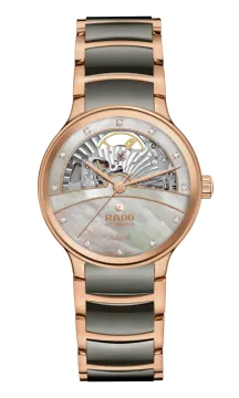 a rose gold and grey watch with diamonds