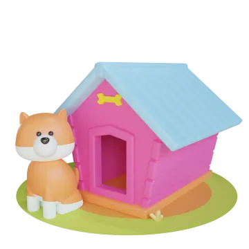 a small dog sitting next to a pink house
