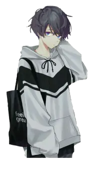 an anime boy with black hair and a gray hoodie