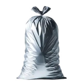 a silver trash bag on a white background