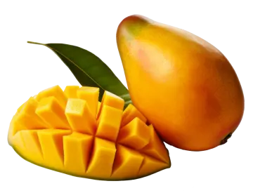 a mango cut in half with a green leaf