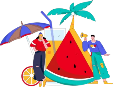 a man and woman standing next to a watermelon