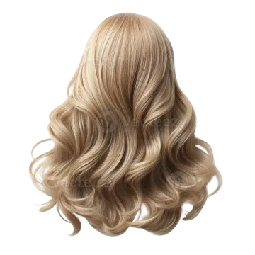 a woman with long blonde hair on a white background