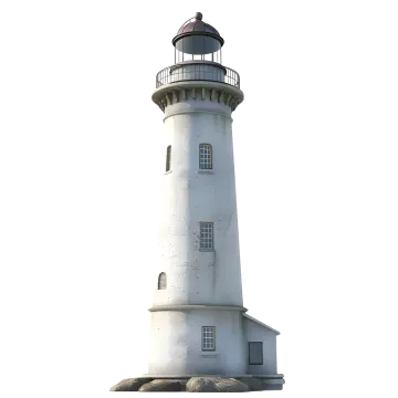 a white lighthouse with a black roof