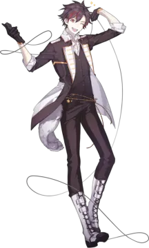 an anime character with long hair and a black suit, holding a microphone