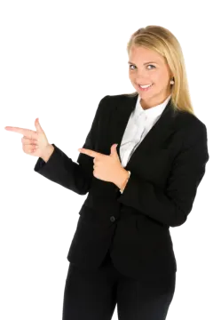 a woman in a business suit pointing at something