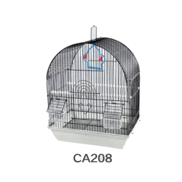 a small bird cage with the door open